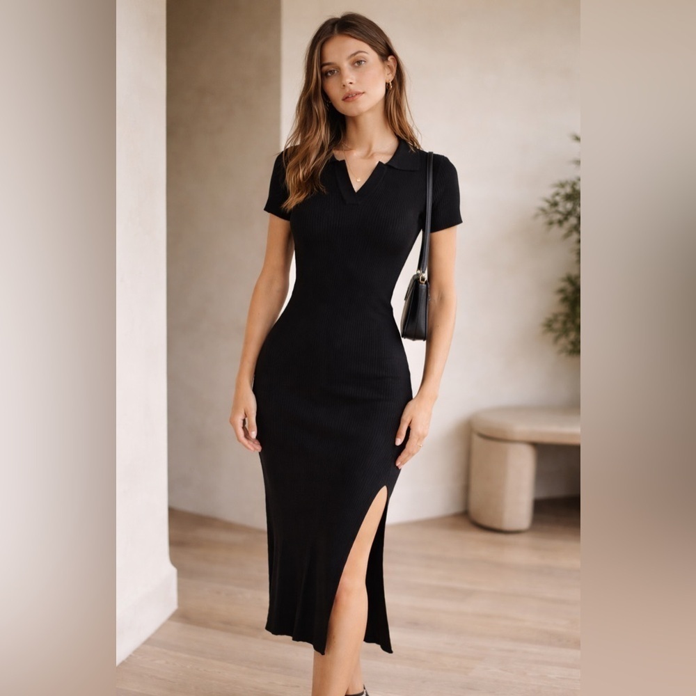 Wayf 98' Womens Tiffani Dress Sz Medium Black Ribbed Polo Cut Out Back Midi